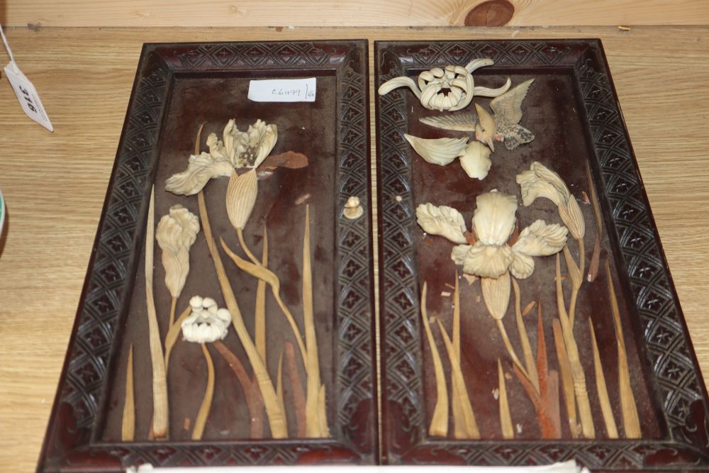 A Canton ivory card case, a page turner, a necessaire case and a pair of Japanese hardwood plaques